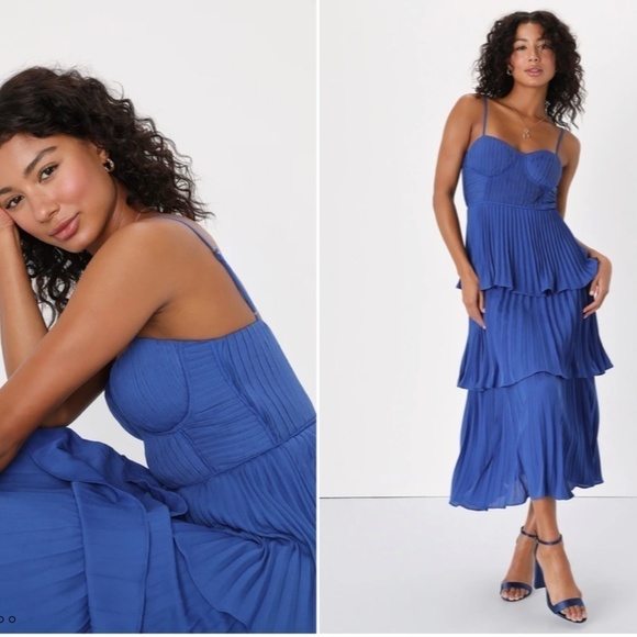 LULUS Prom Wedding Flowy Sexy Boho Tiered Ruffles Bustier Midi Dress - Picture 1 of 7